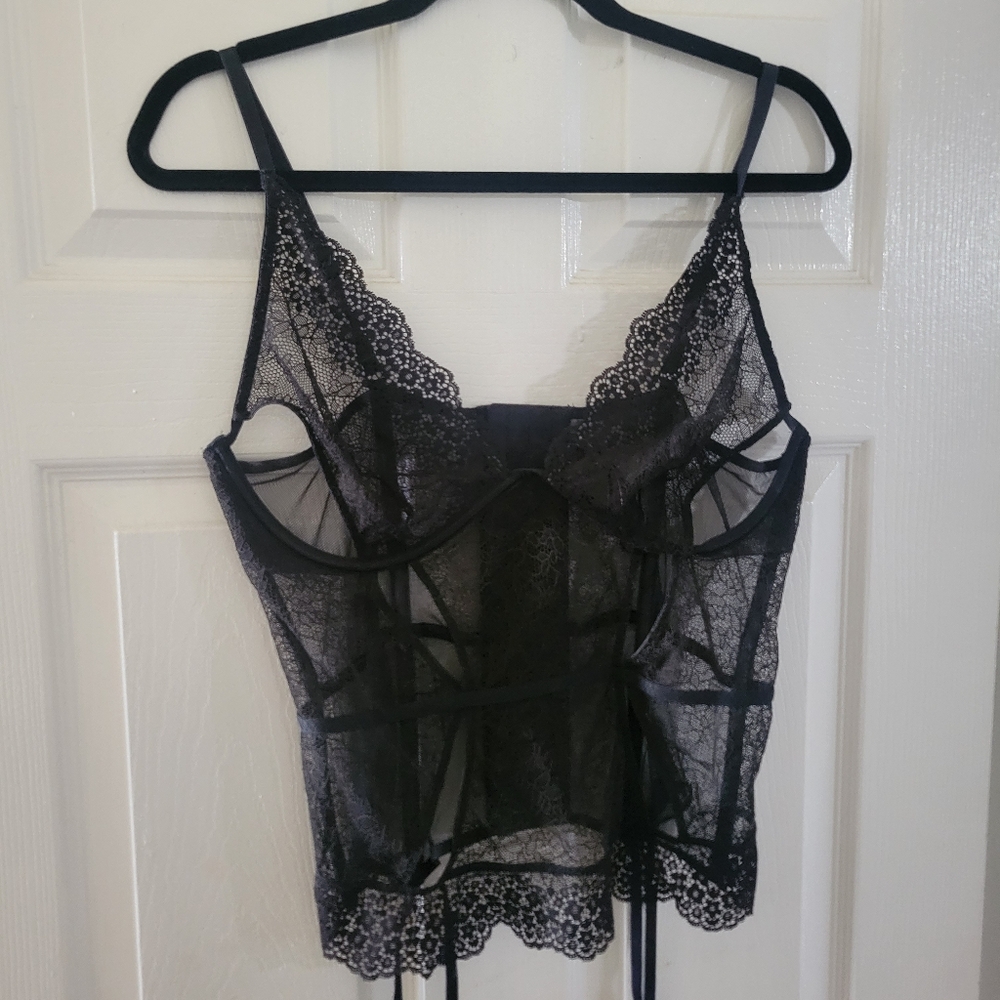 Victoria Secret XL Black Floral Lace Embroidered Corset